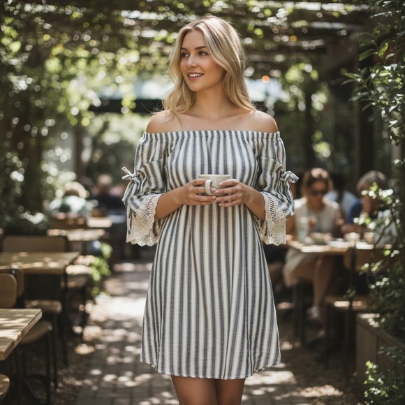 Umgee Dresses & Skirts - Umgee Striped Linen Crochet Off Shoulder Dress
New